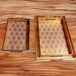 Juego de 3 bandejas artesanales de madera para servir, juego de bandejas de café esmaltadas impermeables, tamaño 15x11x2 pulgadas, Material MDF - Product Image 4