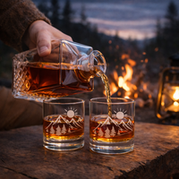 Set de Whisky al por Mayor con Decantador y Vasos, Caja de Regalo de Madera, Set de Whisky Grabado con Montaña para Hombres, Bar en Casa