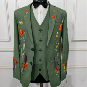 Costume de mariage vert 3 pièces pour homme, en coton de qualité supérieure, avec broderie lever du soleil, tenue Western Country Prom Party Cocktail - Product Image 1