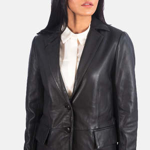 GLOBAL LEATHER Women's Winter Notched Collar Double-Breasted Blazer Black Leather <b>Single</b> Button Closure Knitted Weave Embroidery - Product Image 5