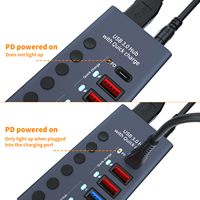Hub de charge USB 10 ports alimenté 7A 3.0 5Gbps PD 20W Type C 2 Charge rapide 60W 12V 5A avec interrupteurs individuels pour ordinateur portable PC