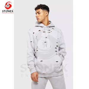 Sweat à capuche en coton personnalisé effet trou lourd Sweat à capuche vieilli anti-rétrécissement lavé pour hommes - Product Image 1