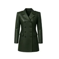 Manteau en cuir vert foncé à double boutonnage avec poches