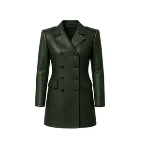 Abrigo de cuero verde oscuro de doble botonadura con bolsillos - Product Image 1