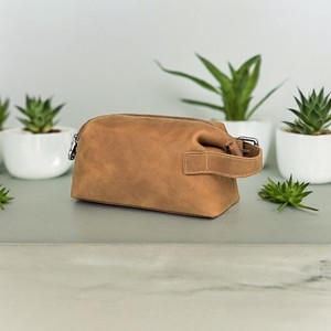 Genuine Leather <b>Toiletry</b> Bag Medium Size Zipper Closure Classic Style Soft Handle Portable Cosmetic Case - Product Image 4