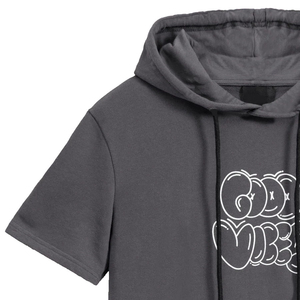 Sweat à capuche gris à manches courtes en éponge française pour hommes avec impression personnalisée et cordes à capuche à vendre - Product Image 5