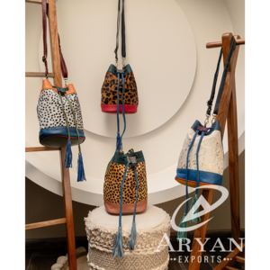 Handcrafted Recycled Leather Crossbody Bucket Bag Boho Festival Style Leopard Print Western <b>Purse</b> Drawstring Handbag for Women's - Product Image 1