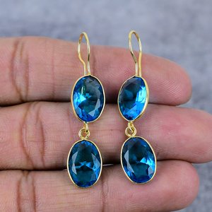 ต่างหูเงินแท้ 925 ประดับพลอยลอนดอนบลูโทปาซทรงรี งานแฮนด์เมด ของขวัญเครื่องประดับ - Product Image 2