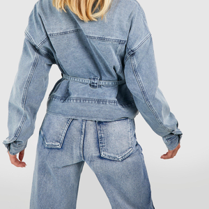 Chaqueta de camionero de mezclilla corta con lazo a prueba de viento móvil de dos bolsillos delanteros Unisex 100% algodón característica a prueba de viento móvil personalizada - Product Image 2