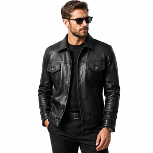 Veste en cuir véritable noire pour homme, style décontracté, simple boutonnage, col rabattu, boutonnée, automne-hiver - Product Image 1
