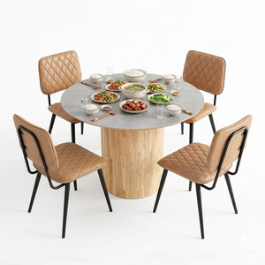 Table à manger ronde moderne CBBA106 avec 4 chaises en chêne, coussins confortables en similicuir pour la maison ou l'hôtel - Product Image 1
