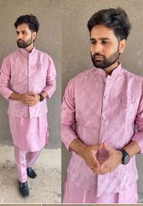 Conjunto de pijama Kurta de seda bordado melocotón real elegante Chaqueta real en material de rayón de algodón para fiestas y bodas de moda - Product Image 3