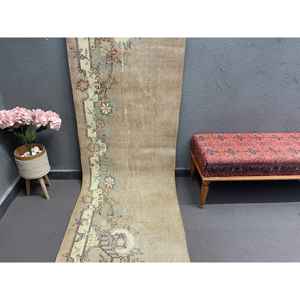 Turkish <b>Runner</b> Rug 2.8x10.3 ft, Brown <b>Green</b> Striped Rug Wool - Product Image 2