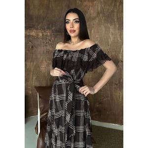 Vestido de encaje a cuadros marrón - Marrón - Product Image 3