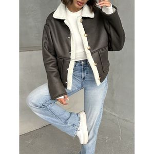 Veste en daim nubuck pour femme TOPSHOW avec col en fourrure - Vêtement d'extérieur élégant kaki crème pour la collection automne-hiver - Product Image 4