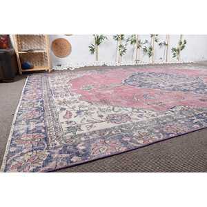 Alfombra Turca Extra Grande de 7,4x11,8 pies, Alfombra de Lana Vintage con Diseño Floral Rosa - Product Image 3