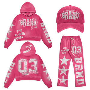 Acid Wash Winter Solid Hooded 2-Piece Fleece Chándal Cap Set Sun Fade Vintage Flared Sweatpants Full-Zip Hoodie 100% Cotton - Product Image 2