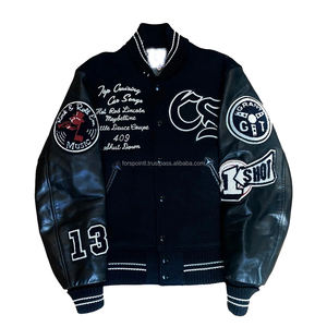 Chaqueta universitaria para hombre Logotipo personalizado Puños acanalados Dobladillo Escote Bolsillo lateral Uniforme de béisbol Mangas de cuero - Product Image 5