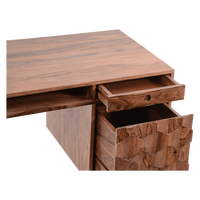 Bureau de travail moderne et durable en bois avec rangement à panneaux hexagonaux et design élégant à pieds en T pour la maison ou le bureau