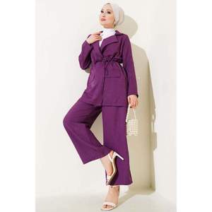 Ensemble 2 pièces en lin avec veste violette - Product Image 1