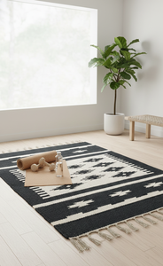 Tapis moderne en coton tissé, motif floral bicolore, lavable en machine, réversible, noir et blanc, pour la maison, les pique-niques, les voyages, la décoration - Product Image 4