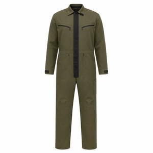 Combinaison industrielle pour homme en sergé robuste, vert olive, avec patte de boutonnage noire, col pointu, grandes poches aux hanches et genoux renforcés, multi-usages - Product Image 1