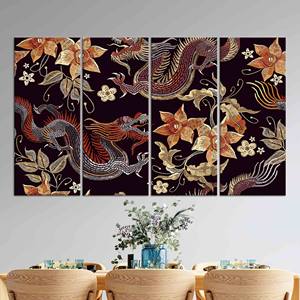 Toile d'art imprimée avec des dragons et des fleurs : décoration murale élégante à motifs asiatiques, lot de 4 toiles - Product Image 1