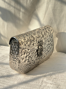Indian Fully Handcrafted <b>Silver</b> Antique Metal Evening <b>Clutch</b> with Chain Strap for Luxury Wedding Party Womens Handbag gift her - Product Image 2
