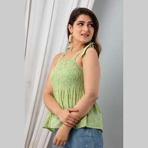 Top Sans Manches Smocké Imprimé Coton Vert Clair Femme - Product Image 1