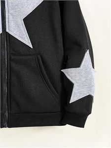 Sweat à capuche zippé unisexe Black Star Patchwork, 100% coton, doublure polaire, hiver, éco-responsable, streetwear décontracté - Product Image 4