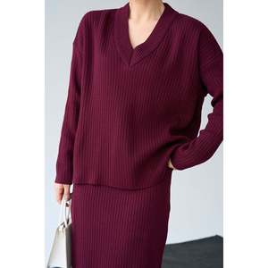 Burgundy V-Neck <b>Sweater</b> and Skirt <b>Set</b> - Product Image 1