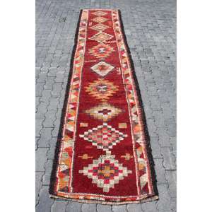 Turkish <b>Runner</b> Rug 2.7x11.5 ft, <b>Red</b> Floral Vintage Wool Rug - Product Image 1