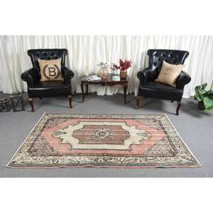 Alfombra clásica de lana rosa beige de 4,1x6,8 pies, diseño de retales turco hecho a mano para sala de estar o dormitorio para adolescentes - Product Image 3