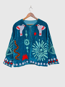 Hand Embroidered Velvet Jacket Full Sleeve O-Neck Prairie Chic Plus Size Autumn Wear Adult Regular Length Lantern Sleeve - Product Image 1