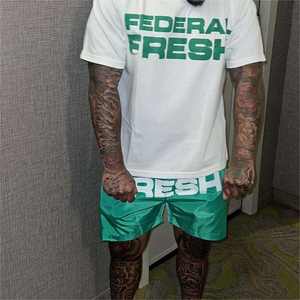 Conjunto de pantalones cortos y camiseta de nailon 100% para hombre, conjunto de pantalones cortos deportivos ligeros con logotipo estampado de pantalla, conjunto de pantalones cortos de nailon brillante de secado rápido para hombre - Product Image 2