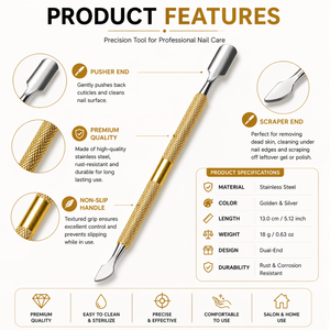 Premium Nail <b>Cuticle</b> Pusher Gold Handle Stainless Steel Double Ended Nail Cleaner Manicure Pedicure <b>Tool</b> - Product Image 4