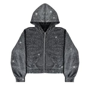 Sweat à capuche surdimensionné en coton 100% avec strass personnalisés, léger, sportif, délavé à l'acide, à fermeture éclair, veste polaire d'hiver pour homme - Product Image 2