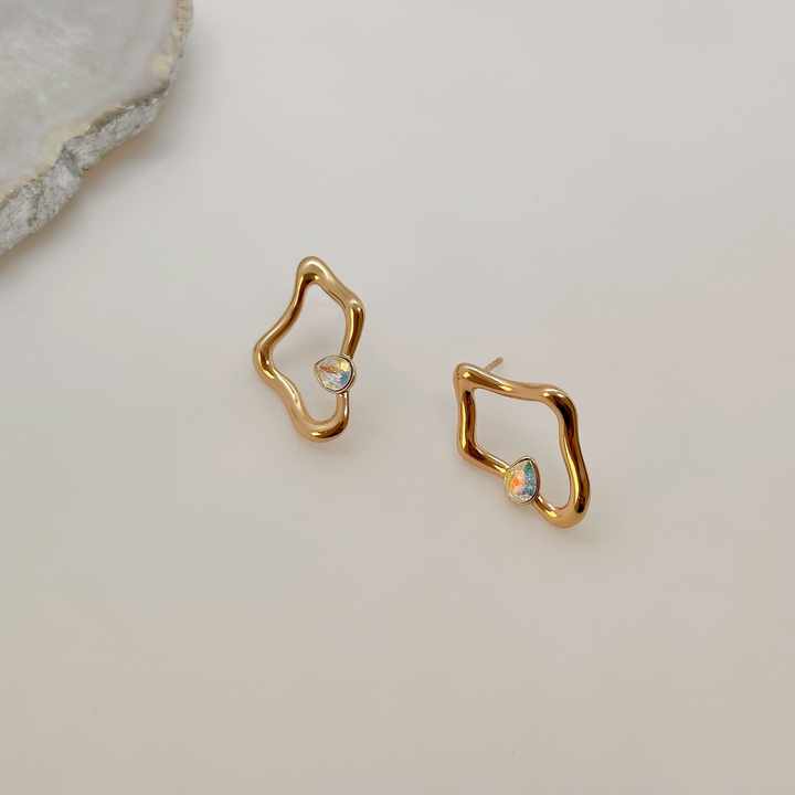 Trendy Irregular Geometric Earrings with Swarovski Crystals Gold Plated Brass