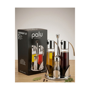 Glass <b>Spice</b> <b>Jar</b> <b>Set</b> 5-Piece with Stainless Steel Stand Oil Vinegar Salt Pepper Shakers - Product Image 3