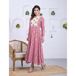 Pink Cotton <b>Block</b> <b>Printed</b> Anarkali Dress Georgette Material Pakistani-Indian Style Salwar Kameez Saree - Product Image 4