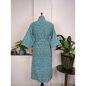 Pure Cotton Boho House Robe Indian Handprinted Summer Dress Blue White <b>Beach</b> Coverup Maternity Mom Bridal <b>Kimono</b> Style <b>Kimono</b> - Product Image 5