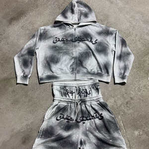 Ensemble sweat à capuche et short en molleton de coton avec strass, coupe ample à double taille, poids lourd 380g, style vintage d'hiver - Product Image 1