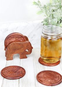 Elephant Design <b>Wooden</b> <b>Coasters</b> with Holder - Set of 6, Handcrafted in India, Great Gifts for Any Occasion - Product Image 2