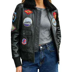 Mode à la mode femmes véritable peau de mouton respirant Bomber veste patchs brodés tricoté en cuir Moto veste en gros - Product Image 4