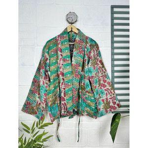 Handstitched Boho Chic <b>Vintage</b> Kantha Stitch Dori Jacket One-of-a-Kind Reversible Short <b>Coat</b> with <b>Stand</b> Collar Woven Fabric - Product Image 1