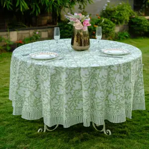 Indian Sage Green Round Tablecloth Indian Floral Block Printed Cotton Cloth Table Cover Party Wedding Home Decor Event Farmhouse