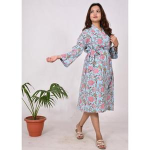 Handmade Cotton Block Print Robe Designer Bridal Kimono Sexy Boho Style Midi-Length Bathrobe Summer Beach Wear Natural Washable - Product Image 2