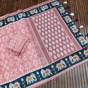 ผ้าซารีผ้าลินินแท้คุณภาพพรีเมียม พร้อมลายพิมพ์ดิจิทัลความละเอียดสูงพิเศษ พู่ห้อยทำมือ ดีไซน์การทอผ้าฟูมกา พัลลู พร้อมเสื้อคลุม - Product Image 4