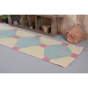 พรมตุรกีโบราณแบบทันสมัยขนาด3.5x12ฟุตผ้าขนสัตว์สีฟ้างานเย็บปะติดปะต่อกันทำด้วยมือสำหรับวัยรุ่นห้องนั่งเล่นสี่เหลี่ยมผืนผ้าห้องโถง - Product Image 4