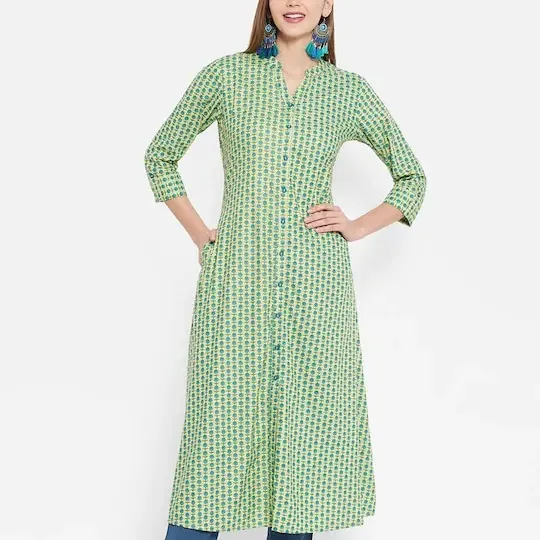 Dernier modèle de prêt à porter pour femmes imprimé vert A-line Kurta Exclusive Designer Women's Casual Office Wear Kurti Sets Bulk OEM